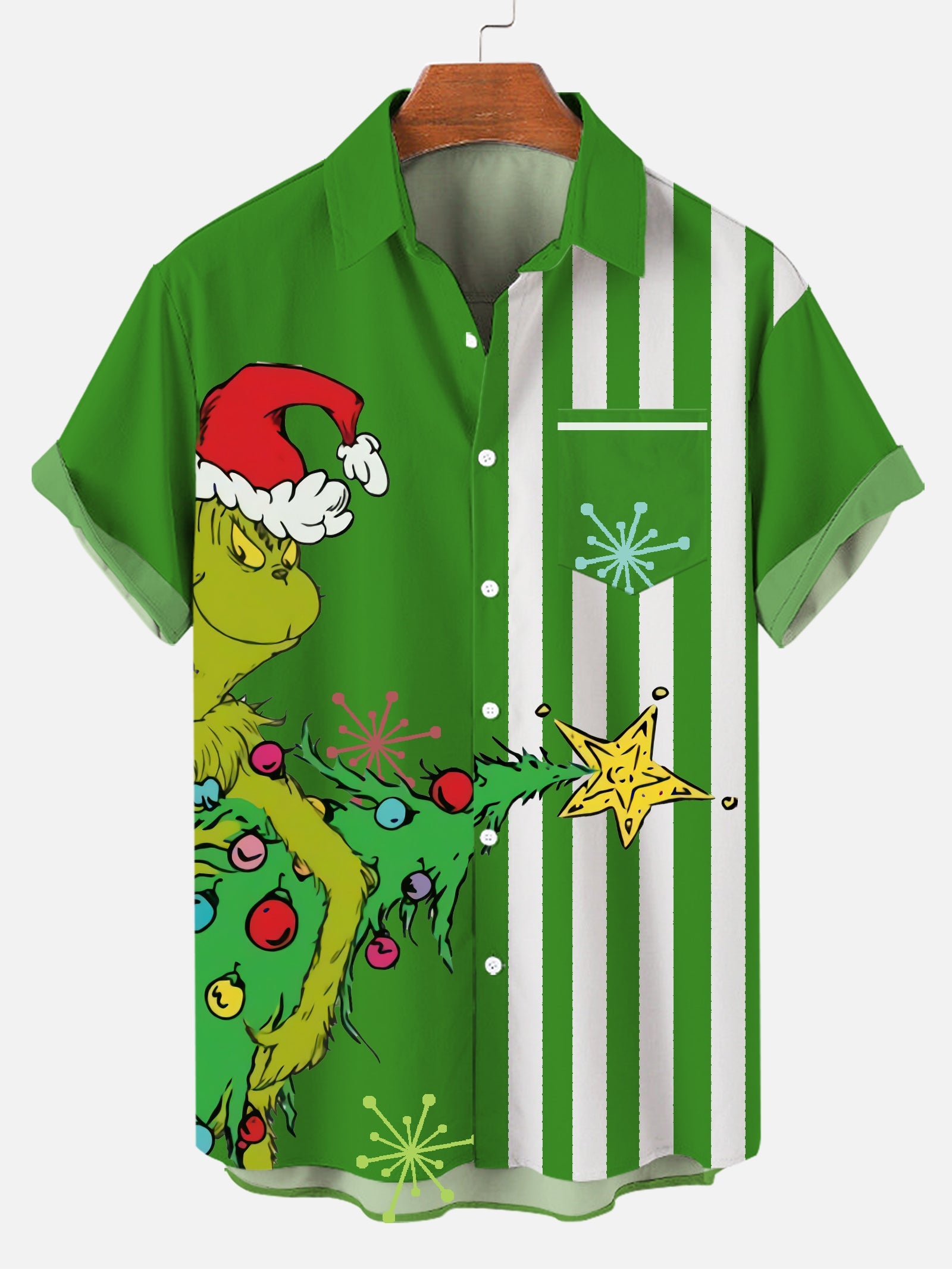 Men Christmas Monster Tree Stripes Print Pockets Front Short Sleeves Shirt PLUSCLOTHESMAN