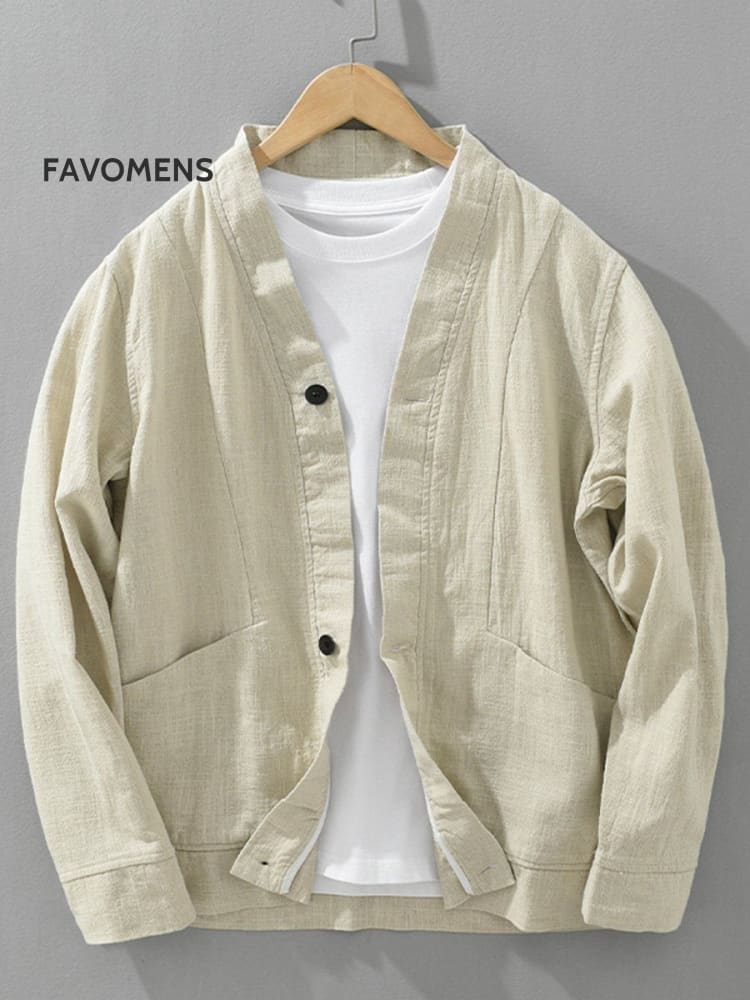 Men’s Casual Loose Linen Long Sleeve Shirt Stand Collar Jacket Apricot / M