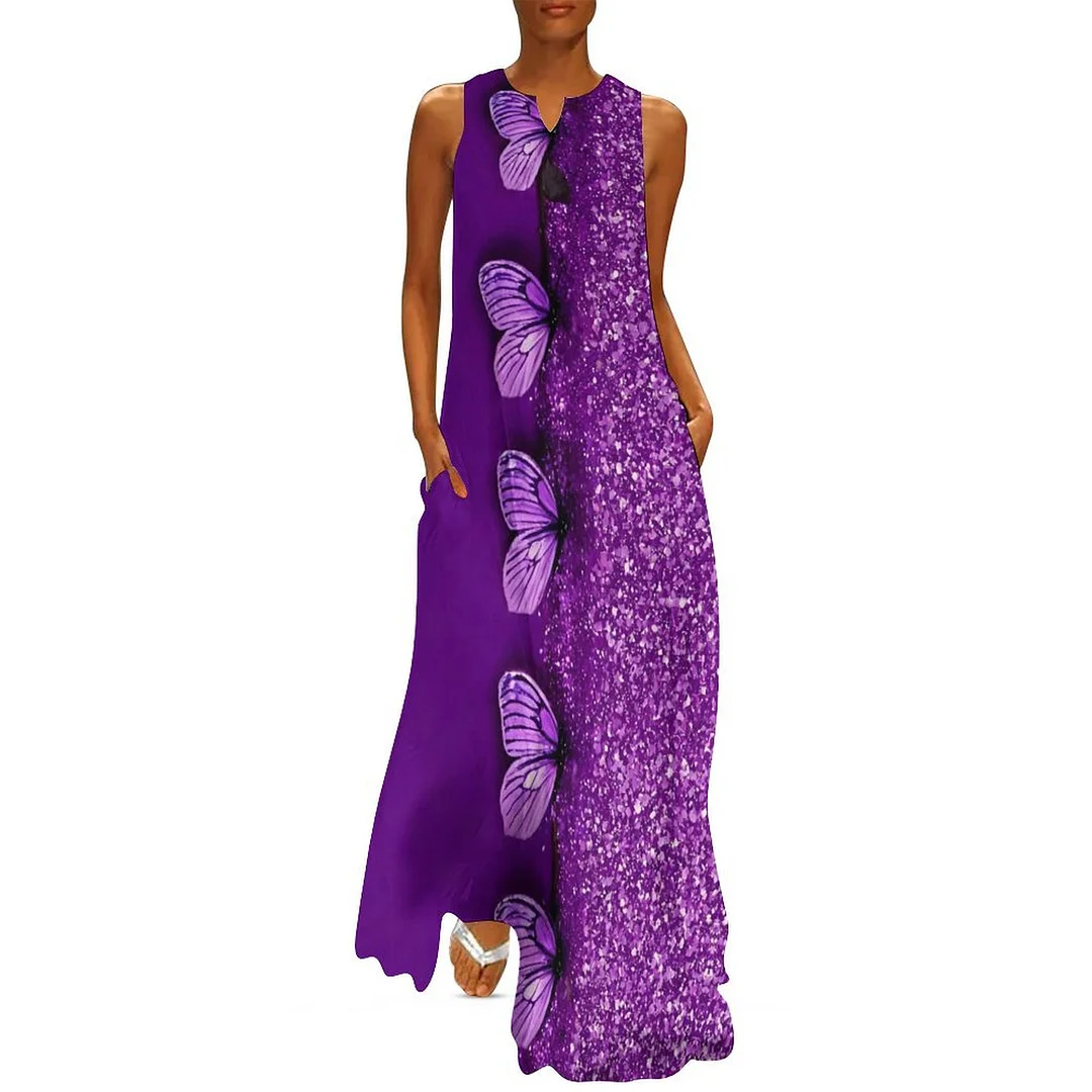 Style & Comfort for Mature Women Plus Size Printed Sleeveless Casual Women Maxi Dress with Pockets in Pattern Purple, Patchwork, Glitter, Floral