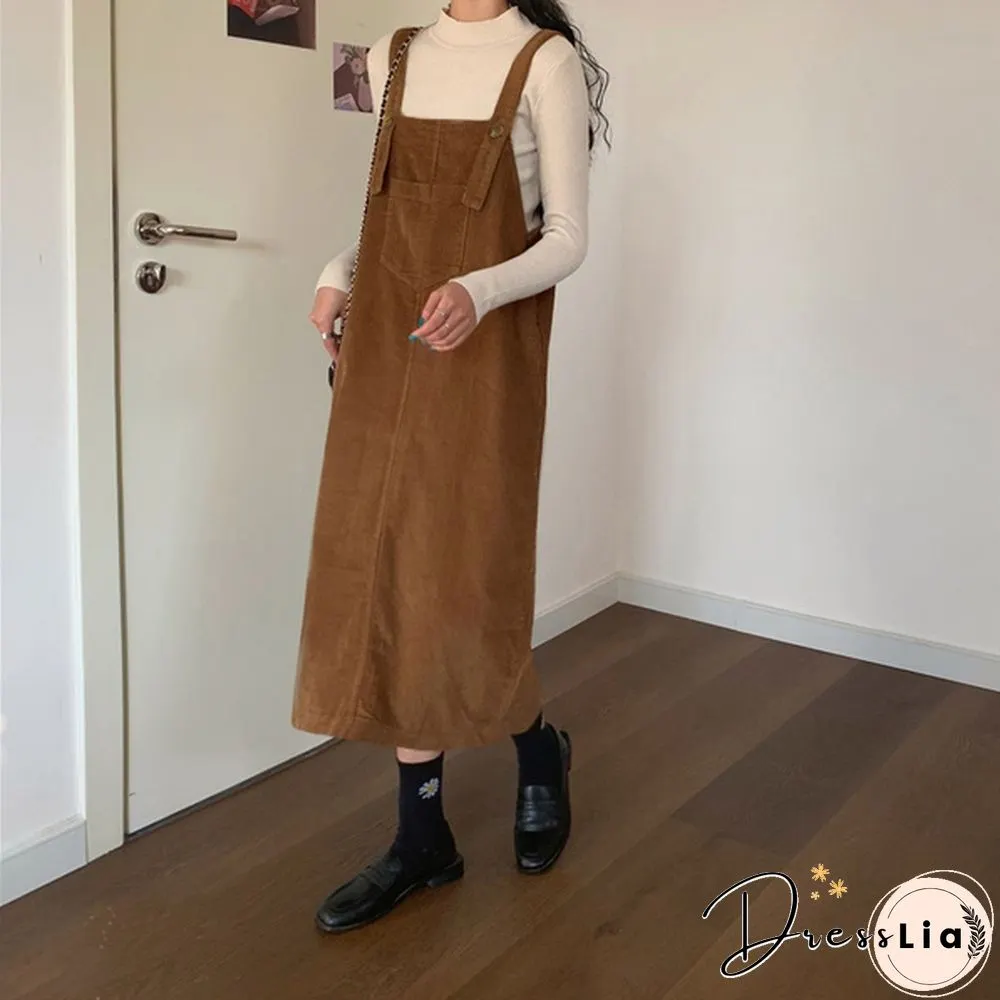 Women Winter Sleeveless Corduroy Casual Loose Warm Midi Tank Dress Sundress