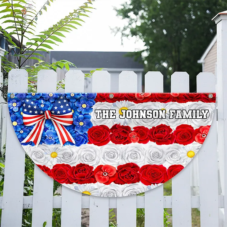 Personalized 250 Years of Freedom America Flag Custom Family Name Red White Blue Floral USA Independence Day Non-Pleated Fan Flag