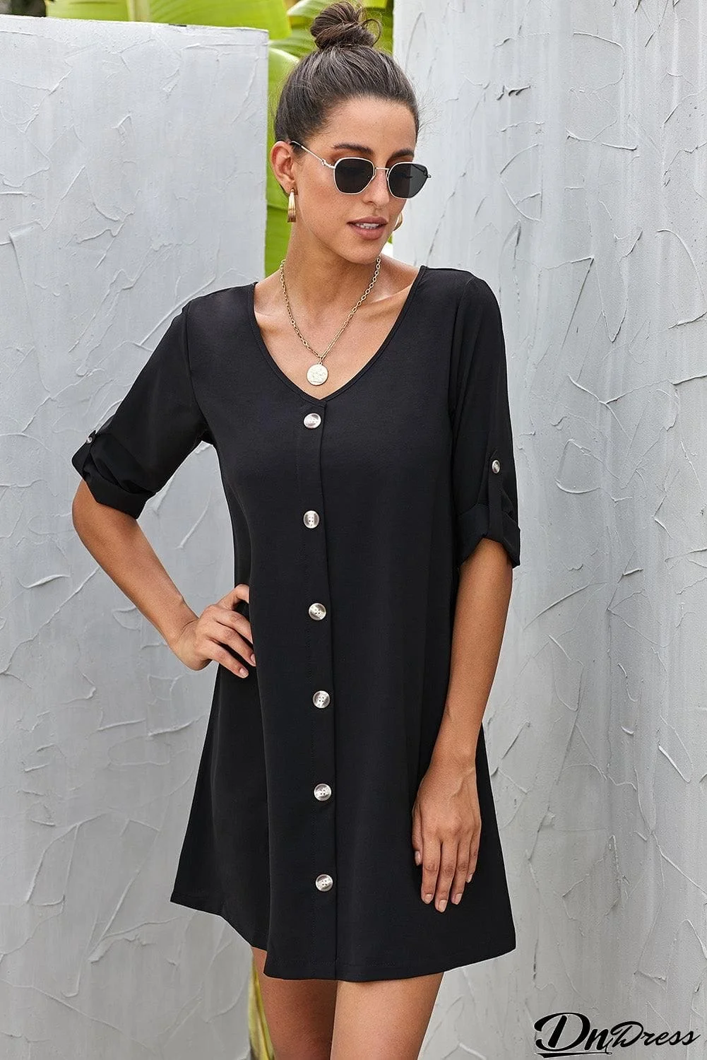 Buttoned V-Neck Dress