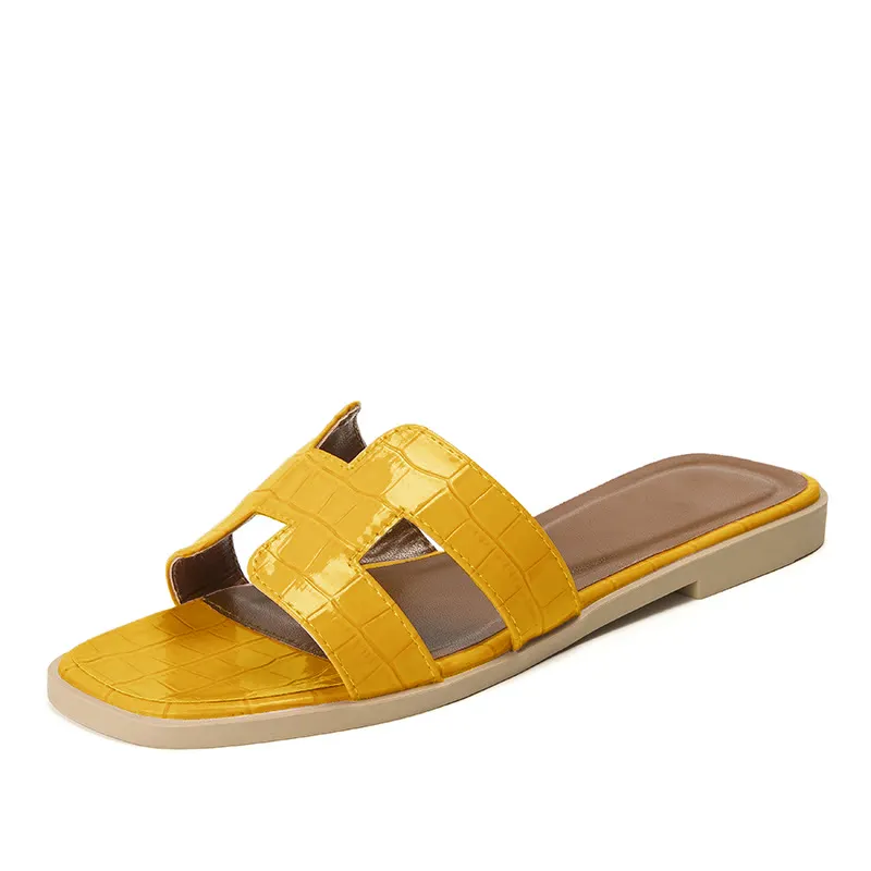 Womens Square Open Toe Summer Casual Flat Crocodile Slippers-vocosishoes