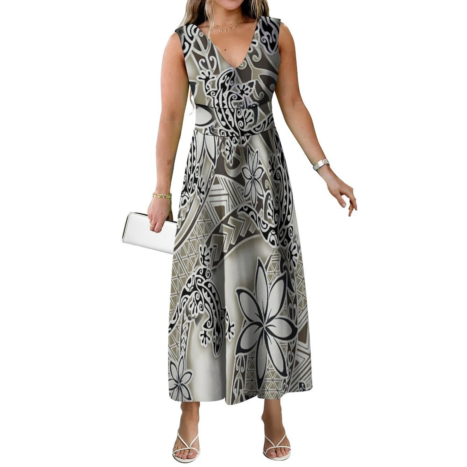 Tozwheels Pacific Island Art Print Ladies Dress Maxi Polynesian Women'S Summer Dress Soft Fabric Women'S High Quality Casual V-Neck Dress