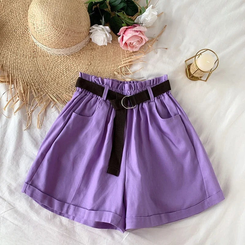 Women Casual High Waist Loose Cotton Short Pants 2022 Summer Elegant Sweet Girls All-Match Wide Leg Shorts With Belt Korean
