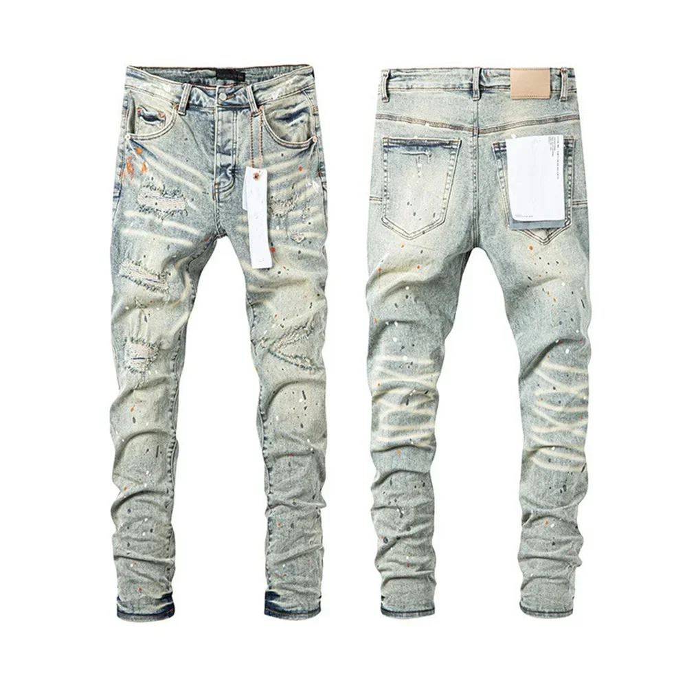 Wimaskel New Purples jeans American high street Retro wash hole patch trend straight Stylish low raise Elastic Skinny jeans brand pants