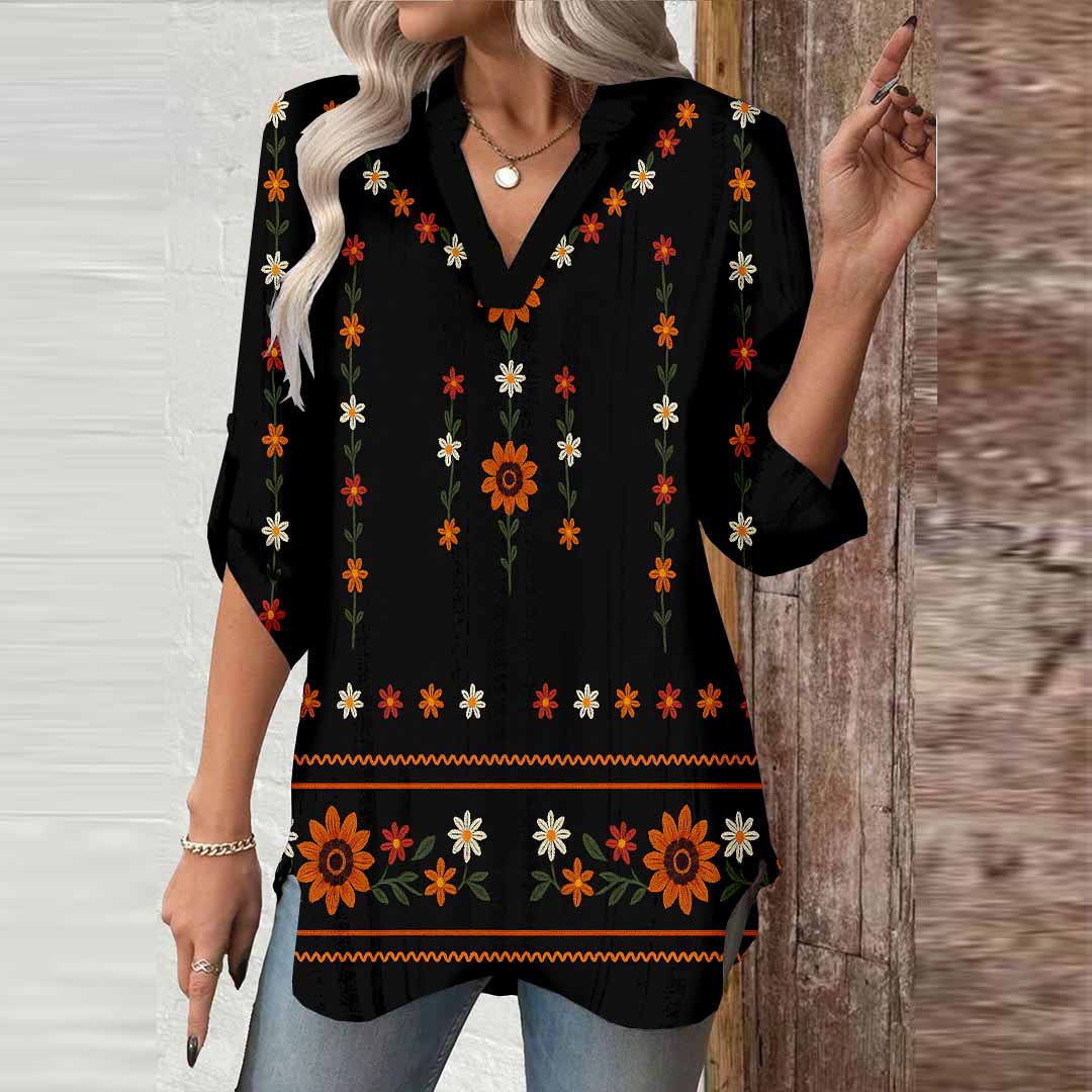 Women Floral,Black,Orange DZGA0306 3/4 Sleeve V-neck Printed Graphic Button Tops