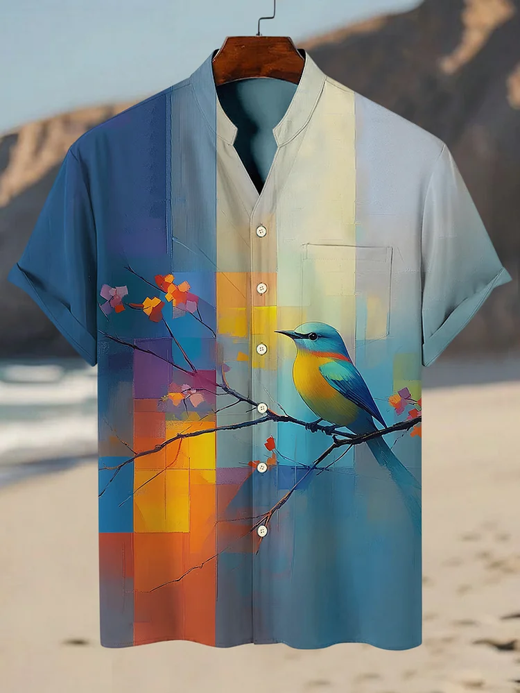 Men's Oil Painting Art Color Block Bird Flower Print Short Sleeve Shirt