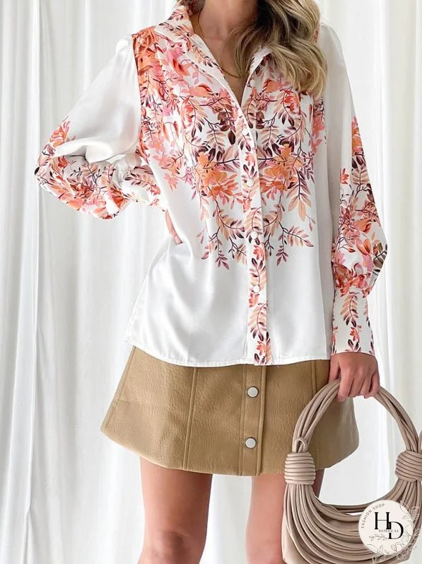 Elegant Printed V-neck Long-Sleeved Single-Breasted Shirt