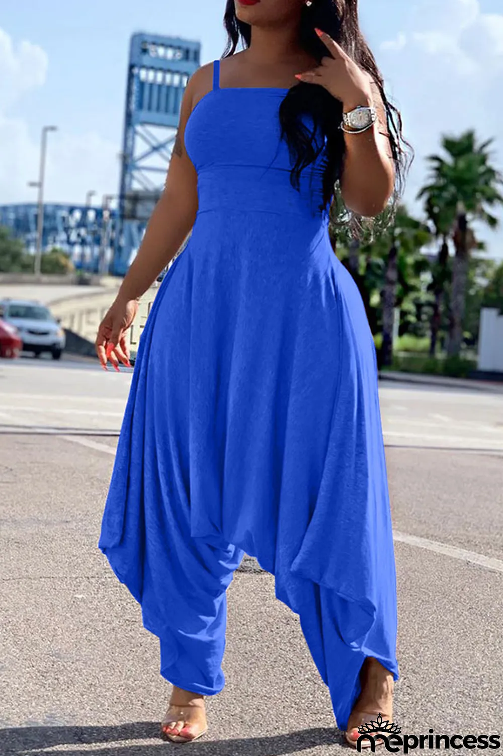 Blue Fashion Sexy Patchwork Solid Polyester Sleeveless Slip Jumpsuits