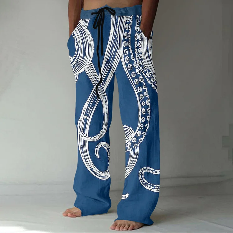 Japanese Art Octopus Graphic Linen Blend Casual Pants