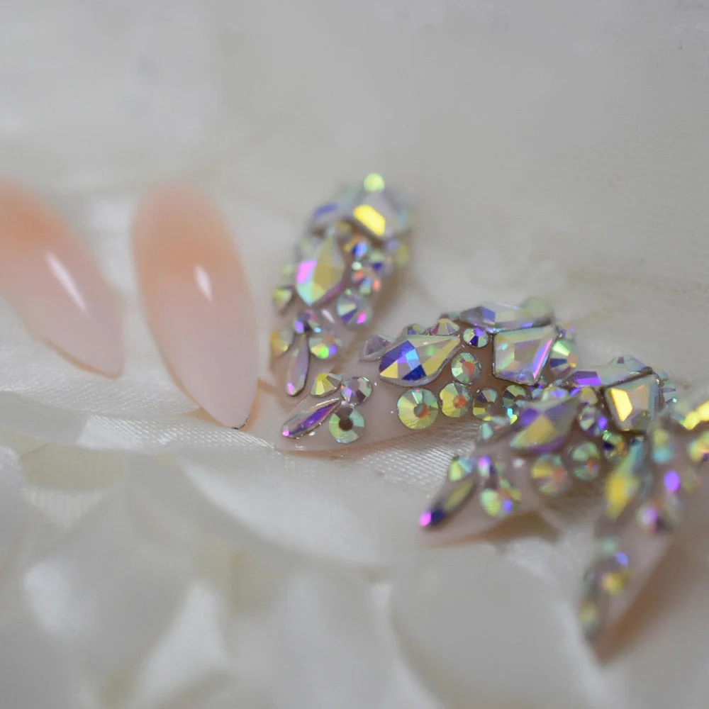 Luxury Fake Nails Designer Extra Long Ombre French Jewelry Pre-designed Nails Natural Stiletto AB Stones Decoration Tips-Nail Inspo