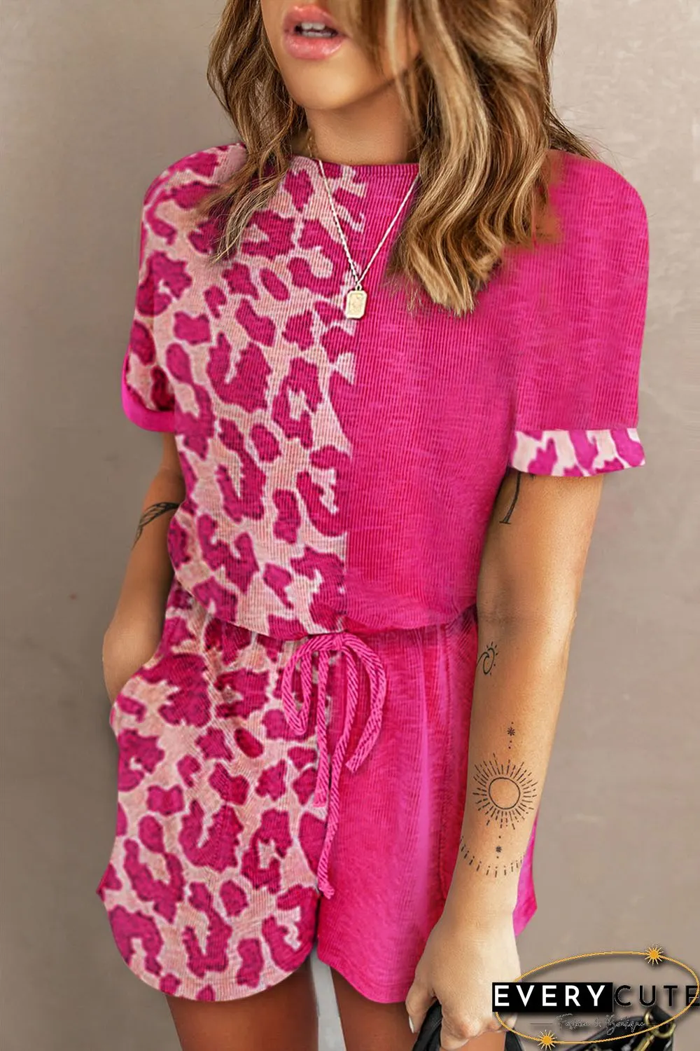 Pink Half Leopard Print Drawstring Knit Romper