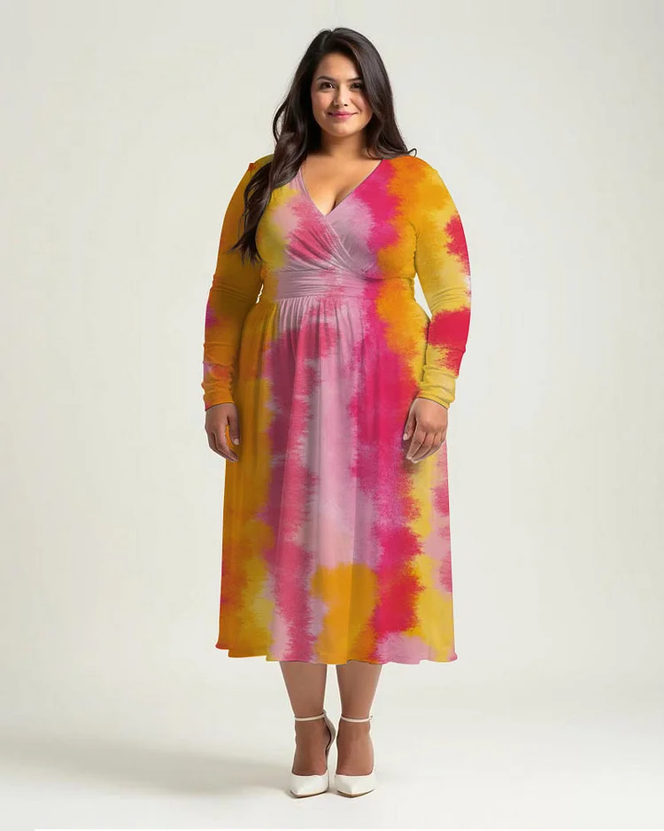 Plus Size Colorful Tie Dye Print Wrap Midi Dress