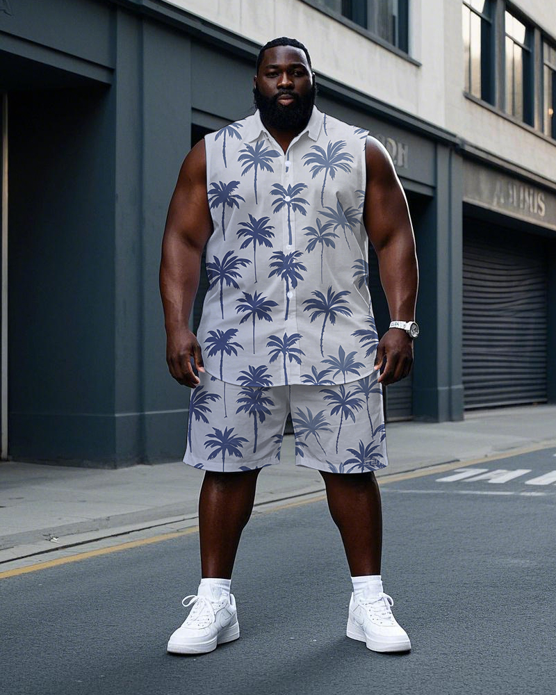 Big Men's Hawaiian Simple Coconut Trees All Over Printed Sleeveless Shirt and Shorts Set