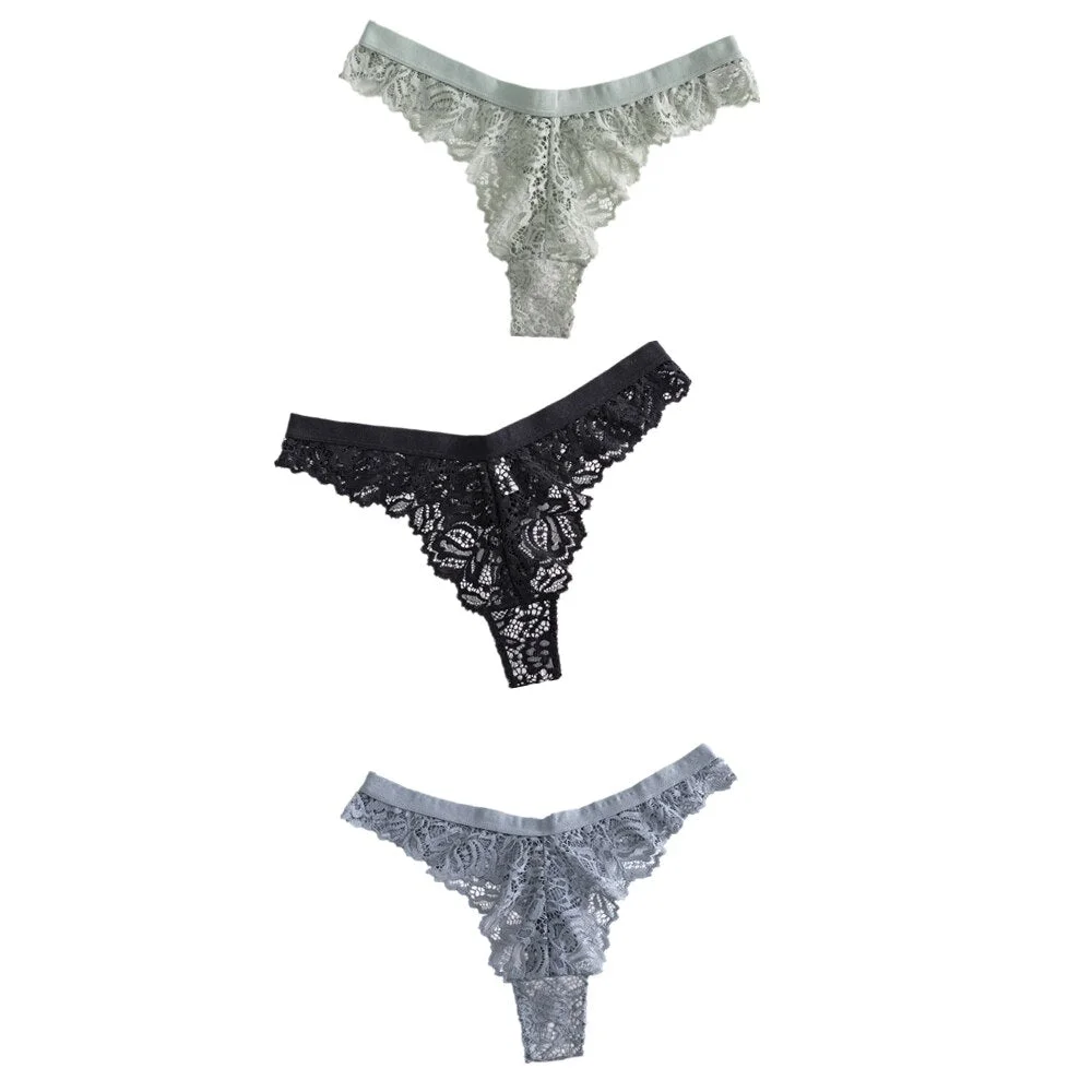 3Pcs Women Lingerie String Lace Underwear Female Sexy T-back Thong Sheer Panties Japan Style Hot Transparent Knickers Underpants