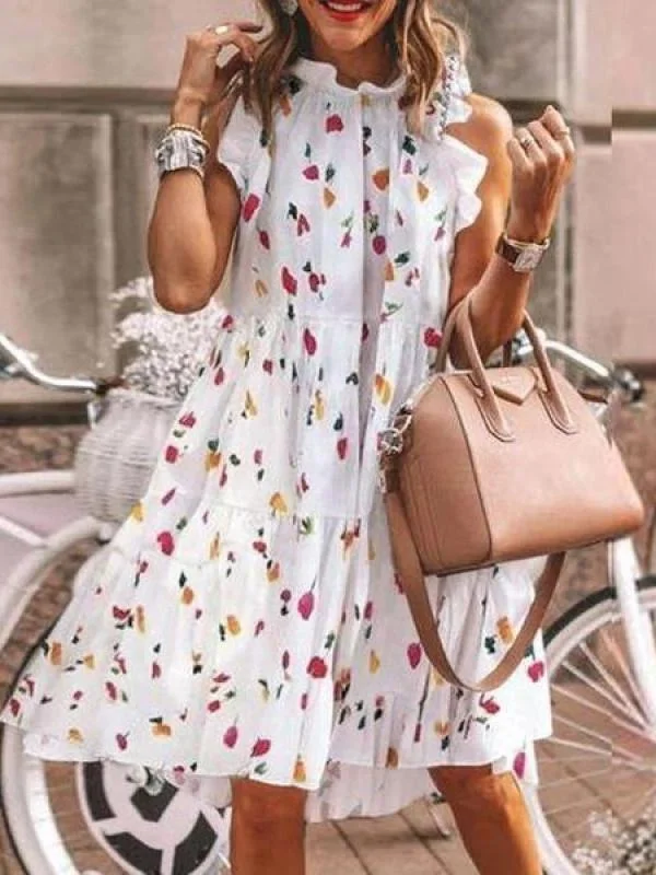 Vacation print sexy round neck sleeveless dress