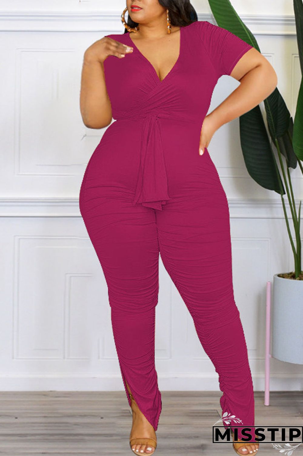 Colorful Blue Casual Solid Bandage Patchwork Fold V Neck Plus Size Two Pieces