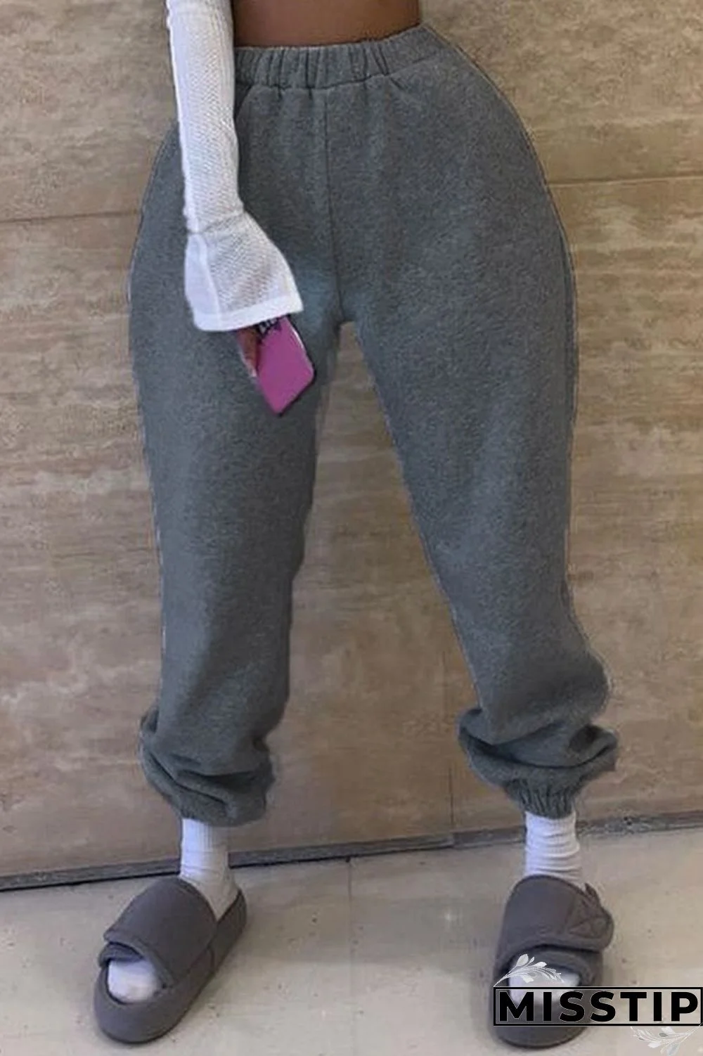 Grey Casual Solid Patchwork Straight Straight Solid Color Bottoms