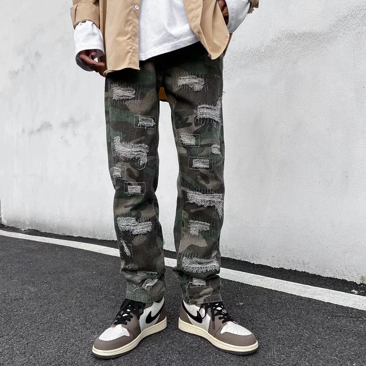 High Street Camouflage Casual Cut Jeans Overalls Straight Leg Loose Hip Hop Pants at Hiphopee