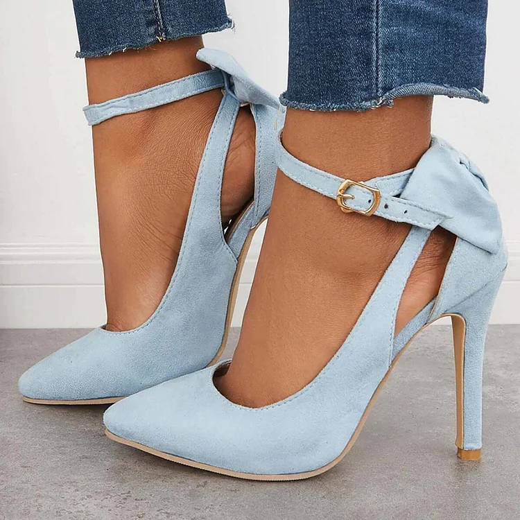 Blue Pointed Stiletto Heels Ankle Strap Buckle Shoes Vegan Suede Pumps |FSJ Shoes