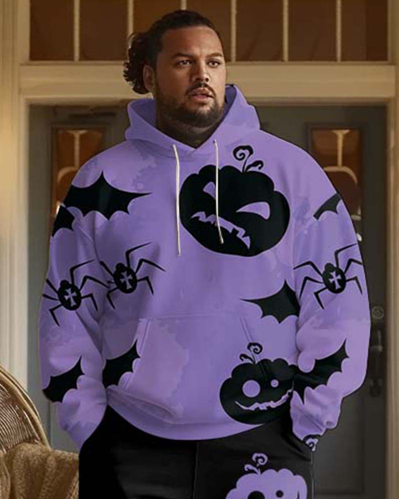 Mens Halloween Purple Pumpkin Graffiti Print Plus Size Hoodie Suit