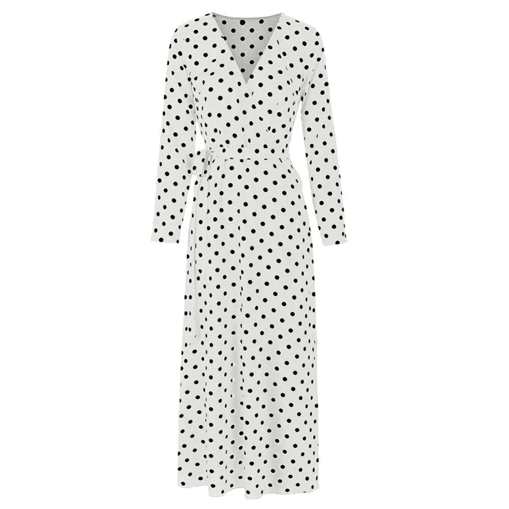 S-3XL Sexy Women Beach Polka Dot Bandage High Split Deep V Long Sleeve Maxi Dress Length Vestido Summer Dresses Party Vestidos
