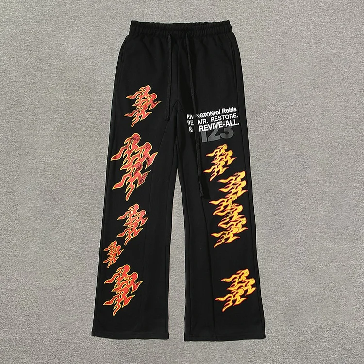 Sopula American High Street Retro Flame Letter Print Sweatpants
