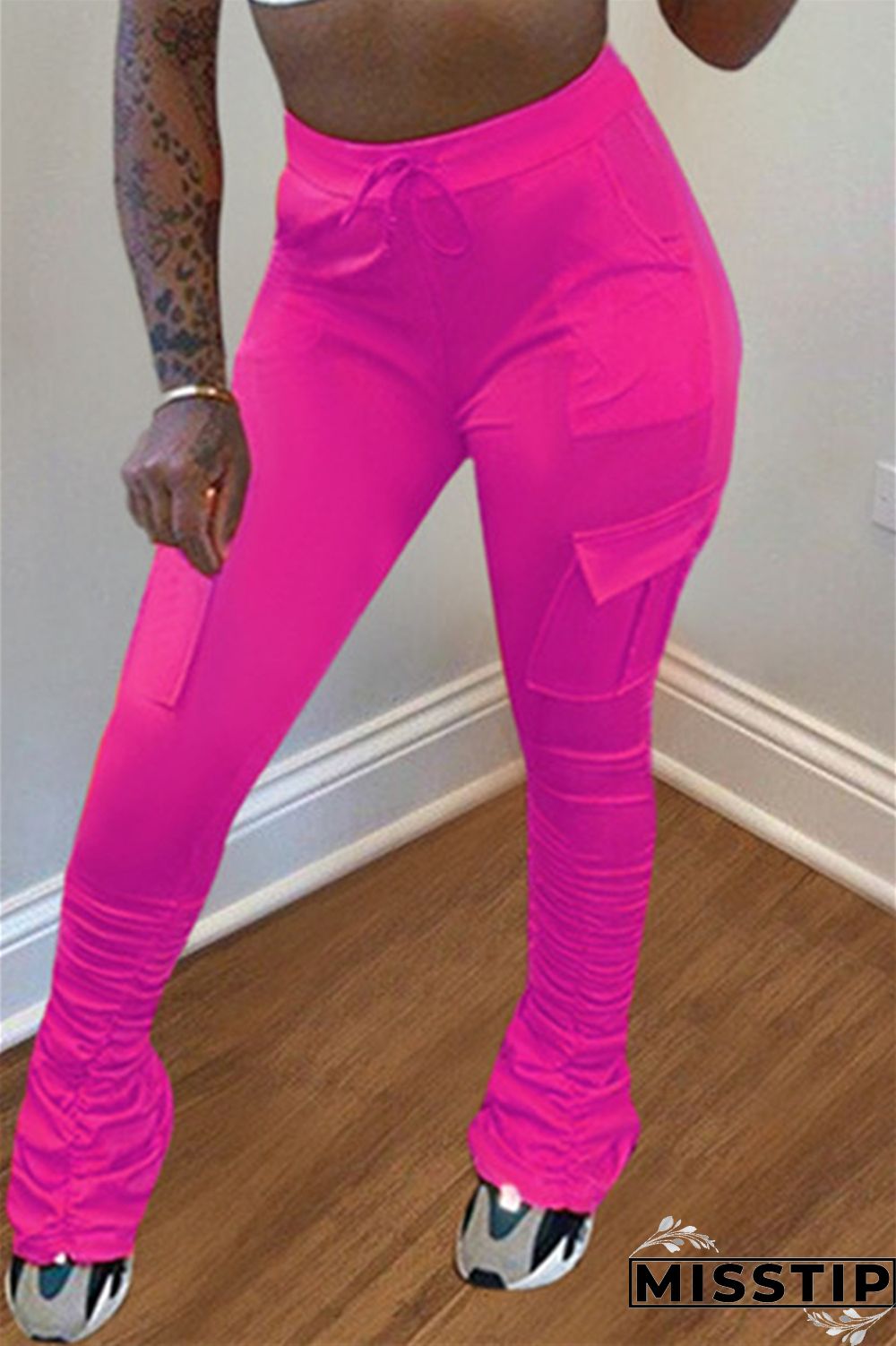 Fluorescent green Drawstring High Solid Pocket Draped Boot Cut Pants Bottoms
