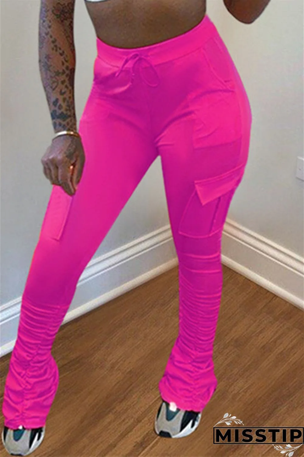 Fluorescent green Drawstring High Solid Pocket Draped Boot Cut Pants Bottoms