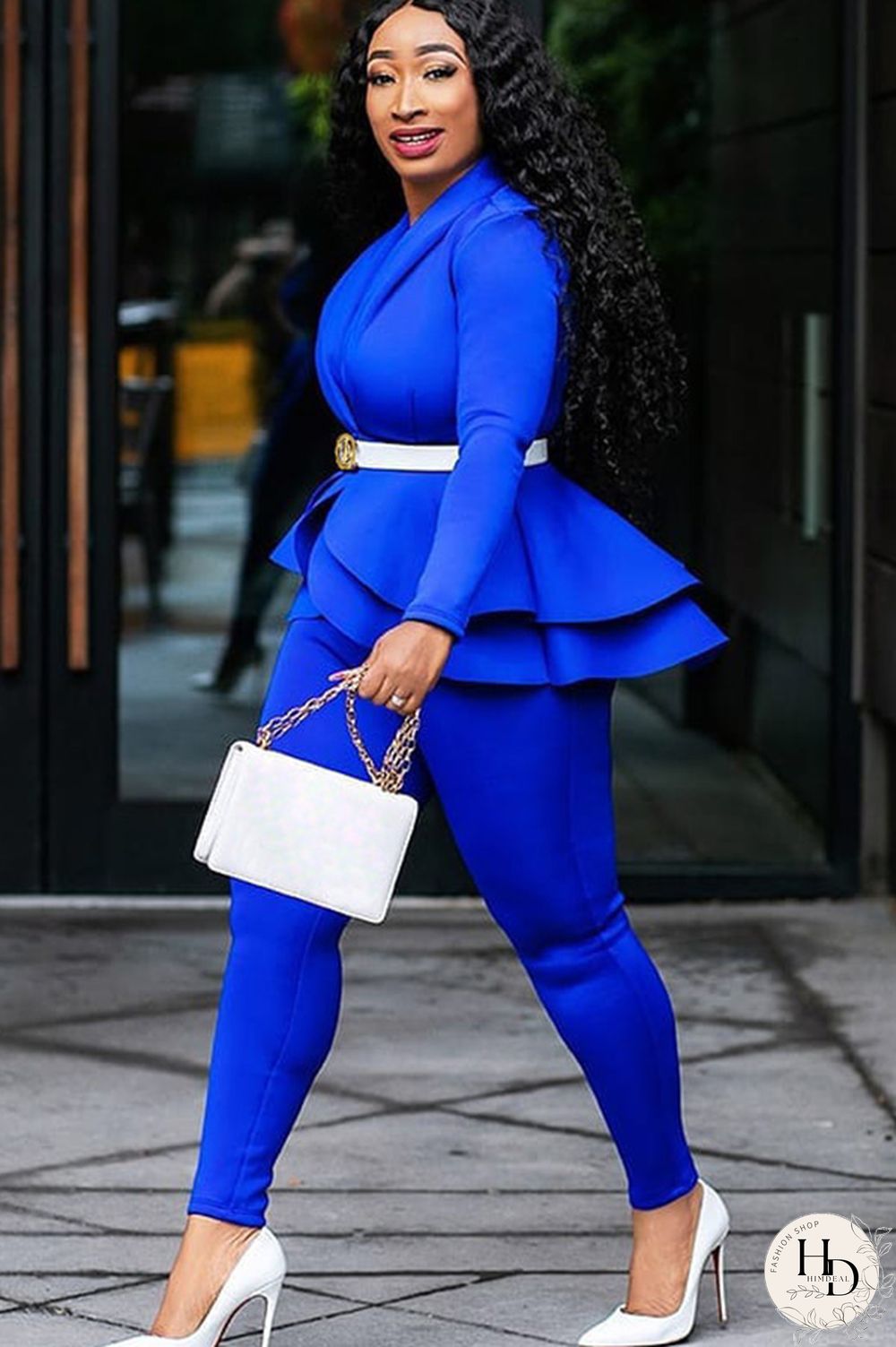 Black Casual Two Piece Suits Patchwork ruffle Solid pencil Long Sleeve