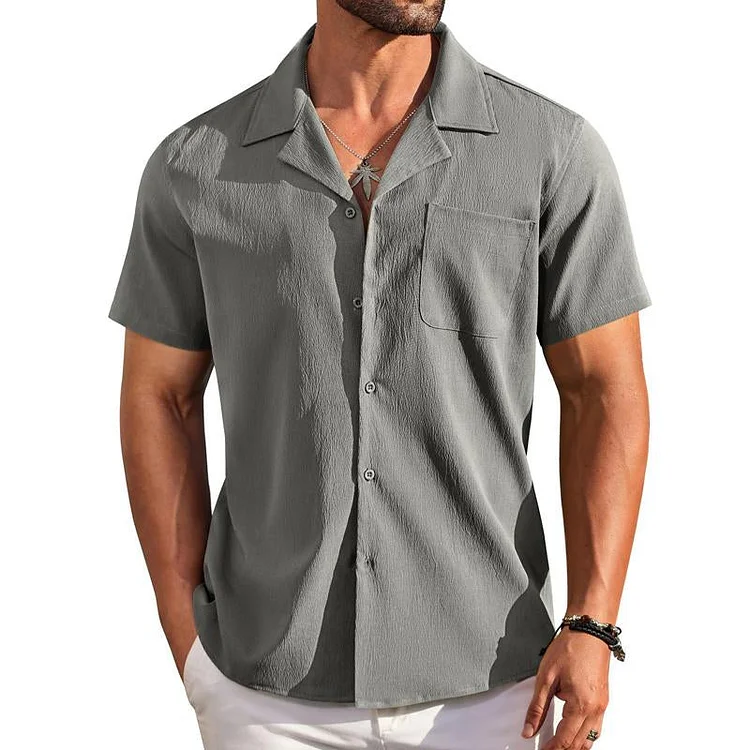 Men's Casual Solid Color Lapel Chest Pocket Short-Sleeved Shirt 61658227Y