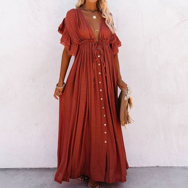 LANFUBEISI  Summer Beach Maxi Dress Women Pleated Drawstring High Waist Long Dress Solid Boho Casual V-Neck Sexy Party Dresses 2021 LANFUBEISI