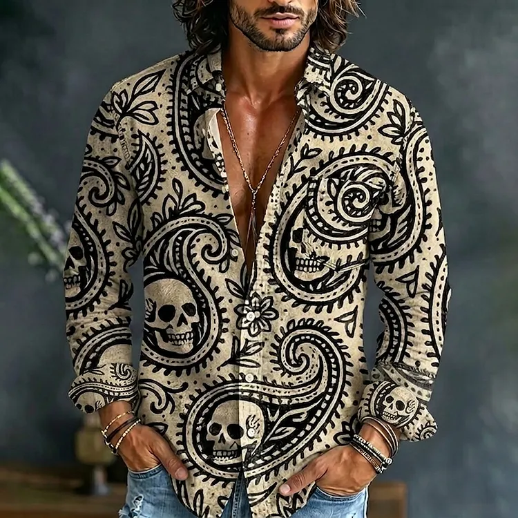 Men's Hippie Skull Paisley Art Print Pocket Long Sleeve Shirt