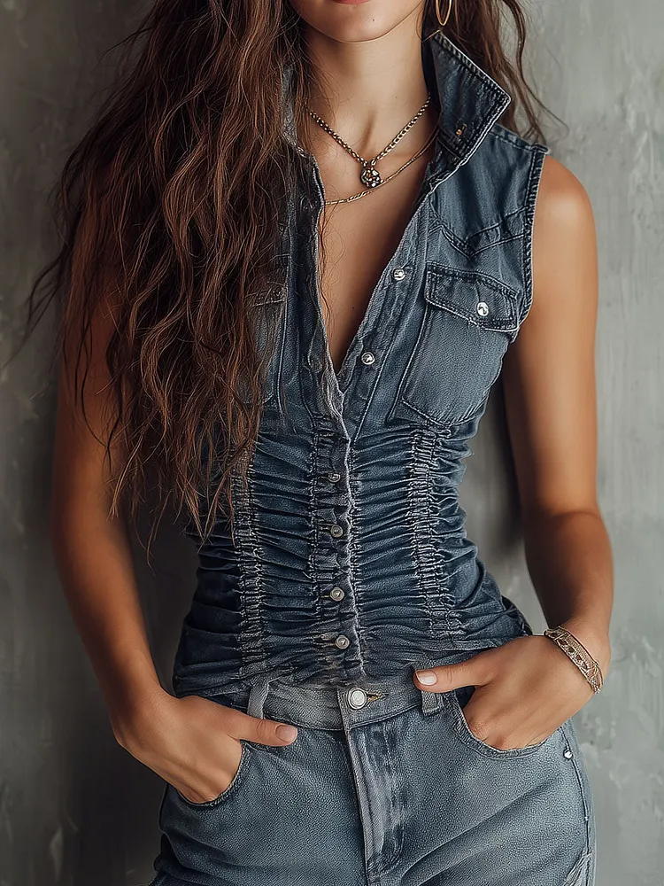 Retro Blue Ruched Denim Sleeveless Shirt