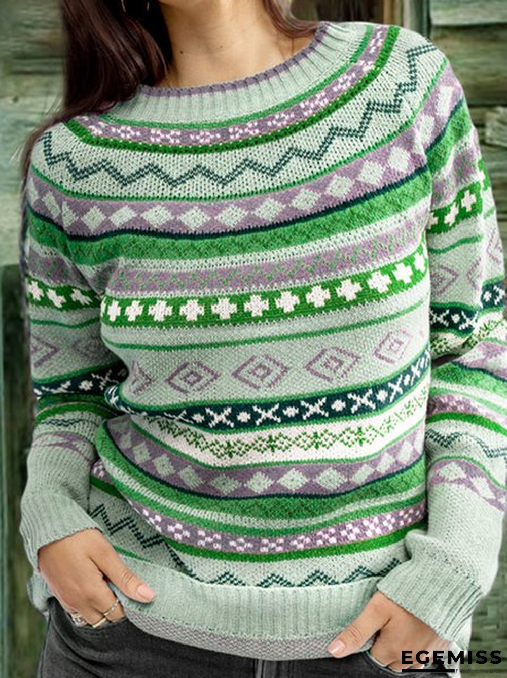 Color-Block Crew Neck Long Sleeve Geometric Sweater | EGEMISS