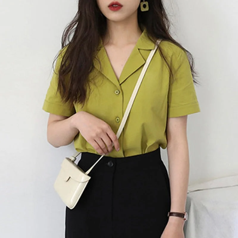 Fashion Short Sleeve V Neck Office Lady White Shirt Tops Retro Shirt for Women Simple Solid Summer Blouse Blusas Femininas 10166