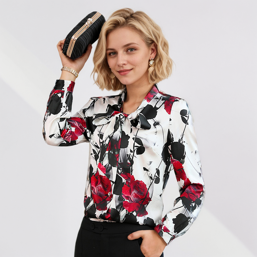 Print V-neck Silk Ribbon Blouse Red REAL SILK LIFE