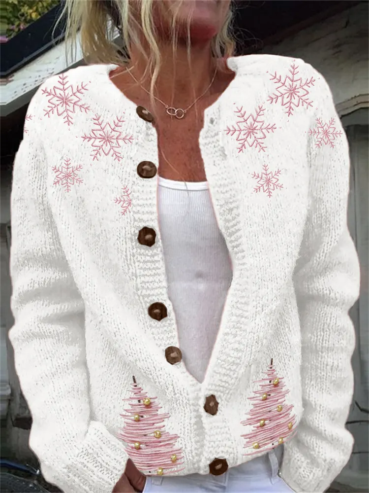 Pink Christmas Trees & Snowflakes Embroidered Cozy Knit Cardigan