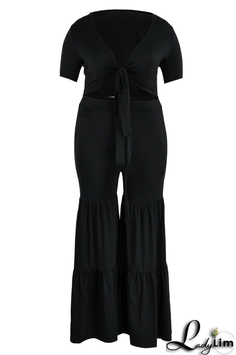 Black Casual Solid Bandage Patchwork V Neck Plus Size Two Pieces