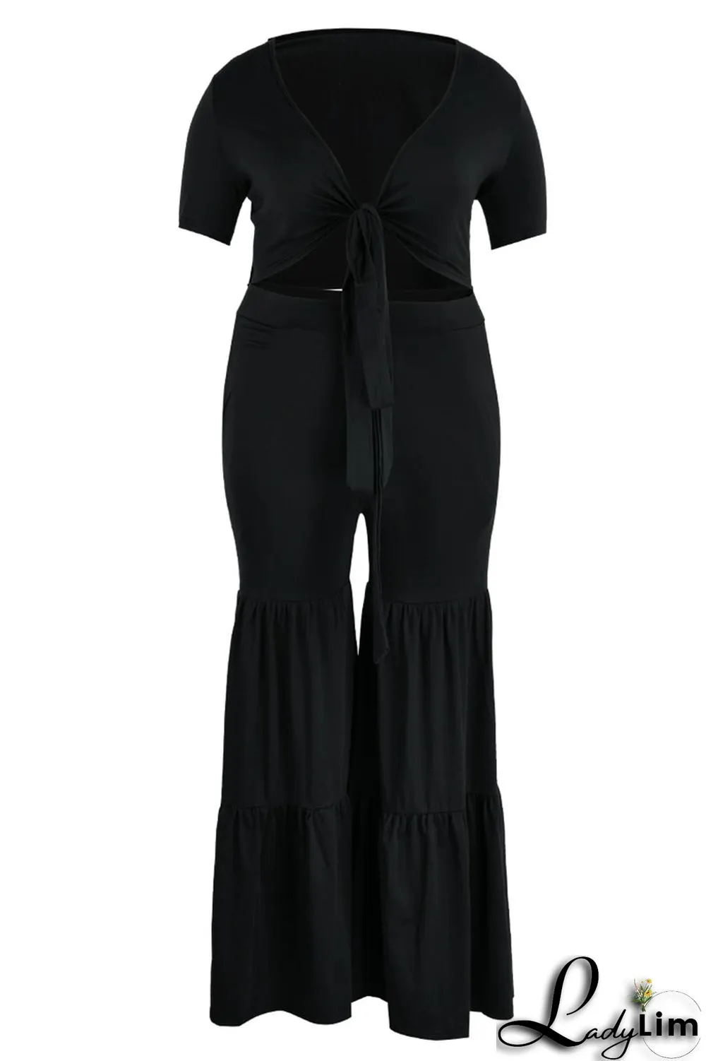 Black Casual Solid Bandage Patchwork V Neck Plus Size Two Pieces