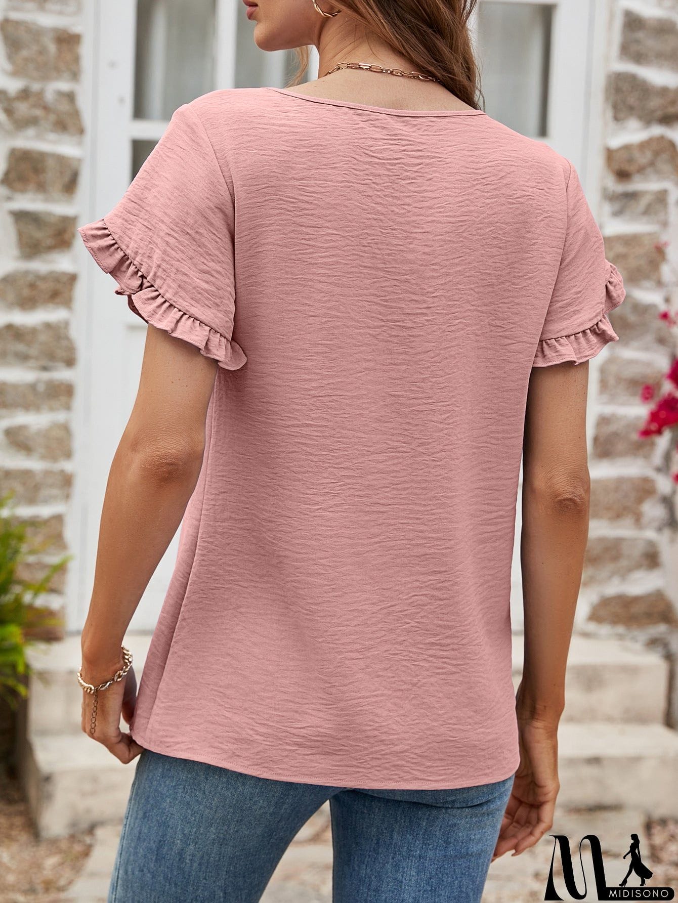 MidiSono - Textured Petal Sleeve Round Neck Tee