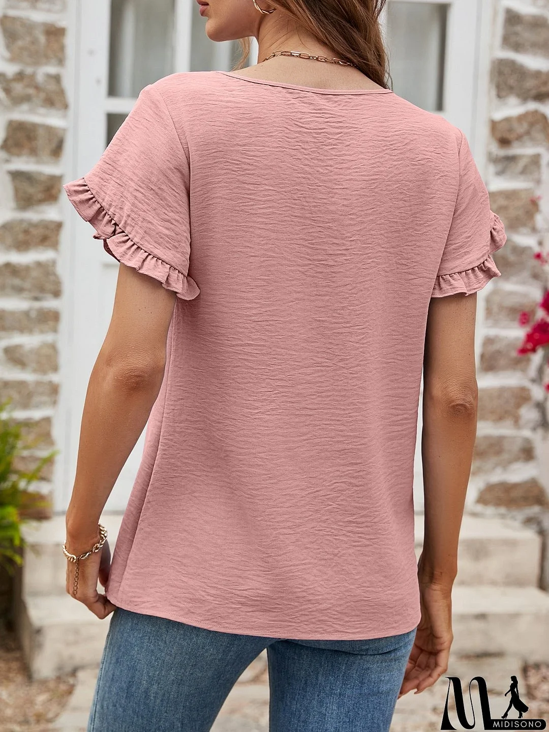 MidiSono - Textured Petal Sleeve Round Neck Tee