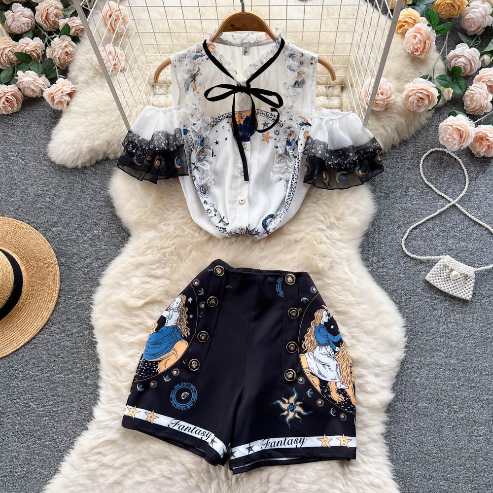 Searchwombat Summer Off Shoulder Top And High Waist Shorts Two Piece Set Women Fashion Print Floral Casual Vintage Chiffon Ffestival Outfit