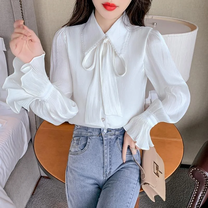 Jangj Sweet Elegant Trumpet Long-sleeved White Shirt 2022 New Spring Summer Fashion Pleated Bow Chiffon Blouse Female Clothing