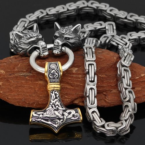 Vikings Wolf Head Black King Chain Mjolnir Stainless Steel Necklace