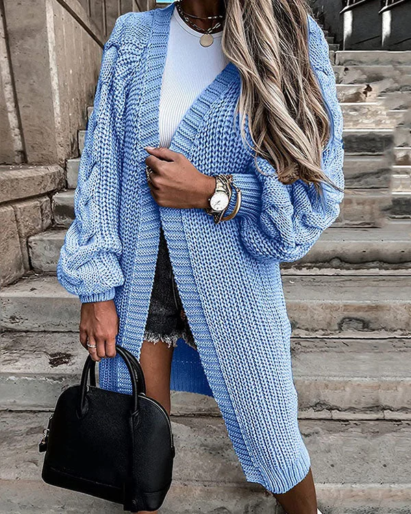 Winter Collarless Chunky Knit Cardigan Twist Weaving Sleeve Long Coat socialshop