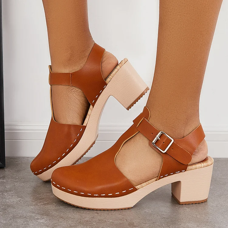 Brown Chunky Platform Heel Clogs Ankle Strap Sandals