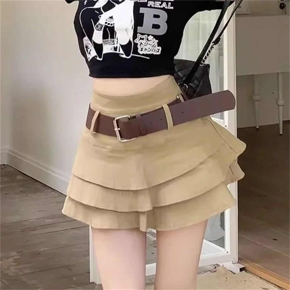 Tarewheels New Fashion Korean High Waist Casual All Match A Line Skirt Ruffles Mini Skirt Women Streetwear Belt Black Skirts Vintage XS-XL