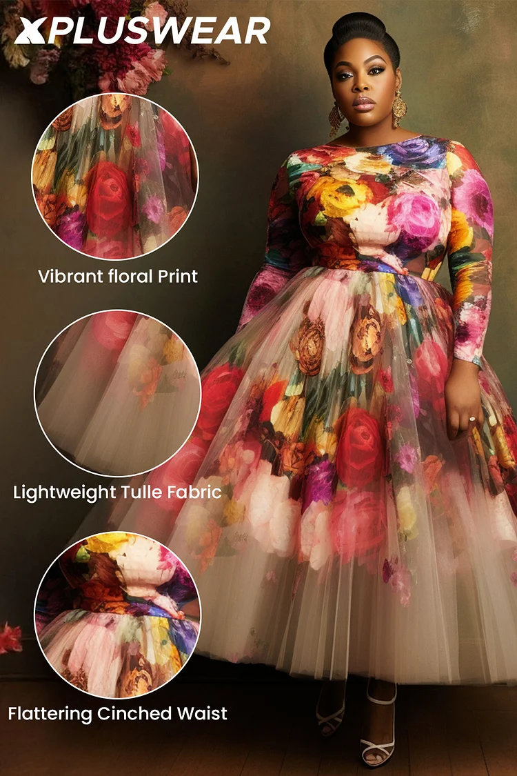 Xpluswear Design Plus Size Formal Multicolor Floral Round Neck Long Sleeve Pocket Tulle Maxi Dresses [Pre-Order]